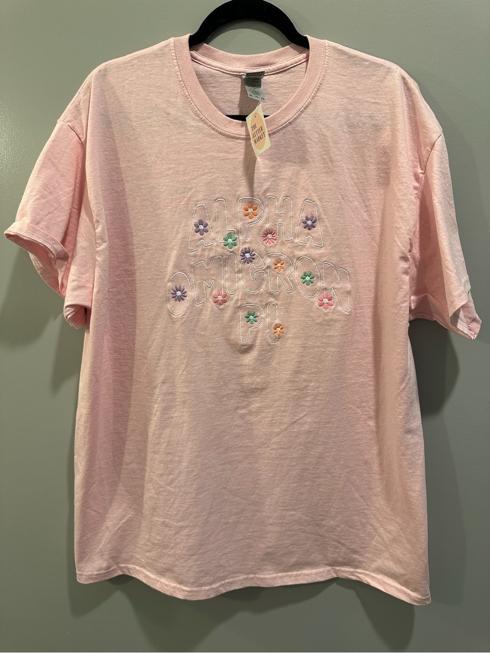 NWT Gildan The Letter Market Alpha Omicron Pi Floral Embroidered Tee Pink XL